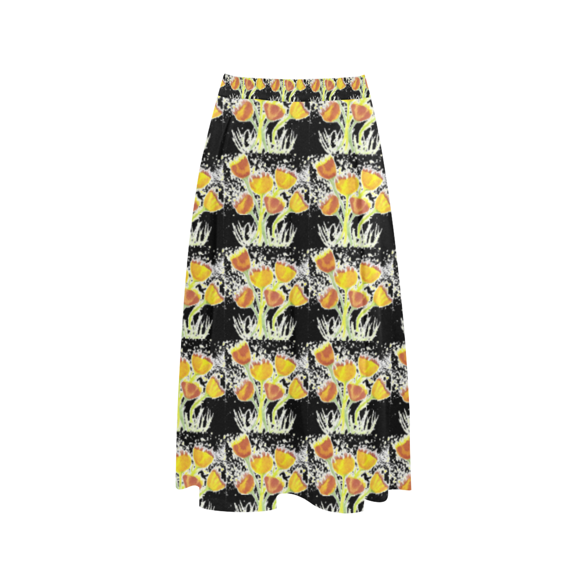 Black Crepe Skirt With Yellow Poppies Aoede Crepe Skirt (Model D16)