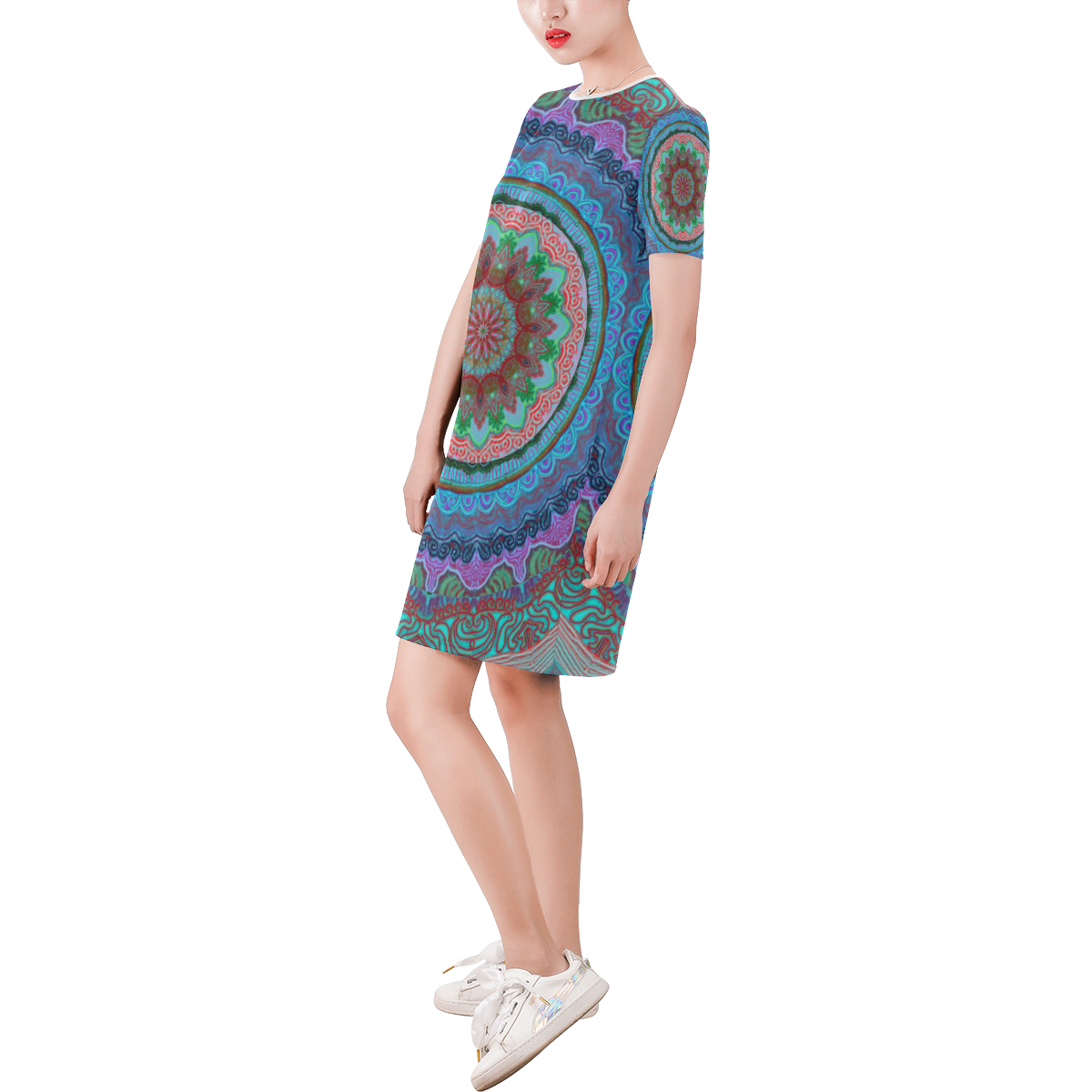 mandala neon 28 Short-Sleeve Round Neck A-Line Dress (Model D47)