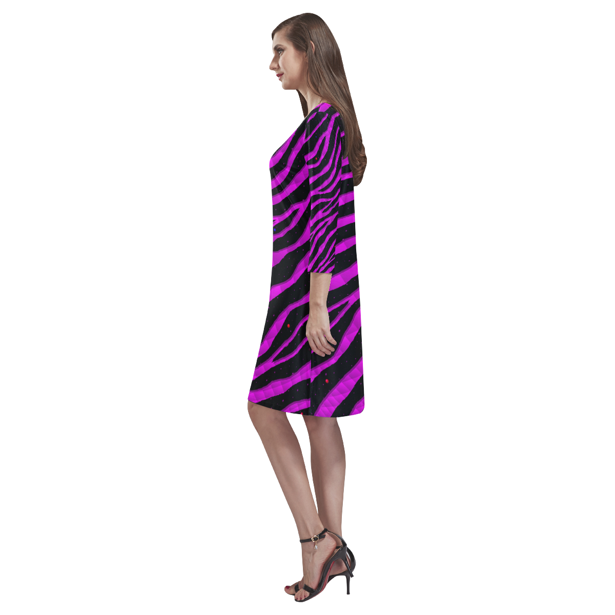 Ripped SpaceTime Stripes - Pink Rhea Loose Round Neck Dress(Model D22)