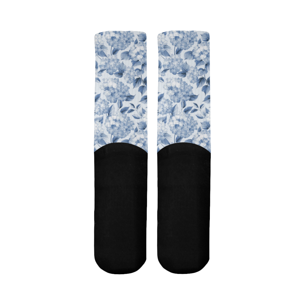 Blue and White Floral Pattern Mid-Calf Socks (Black Sole)