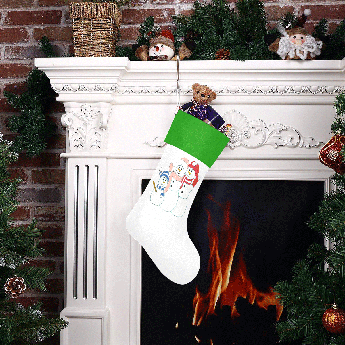 Snowman Family White/Green Christmas Stocking