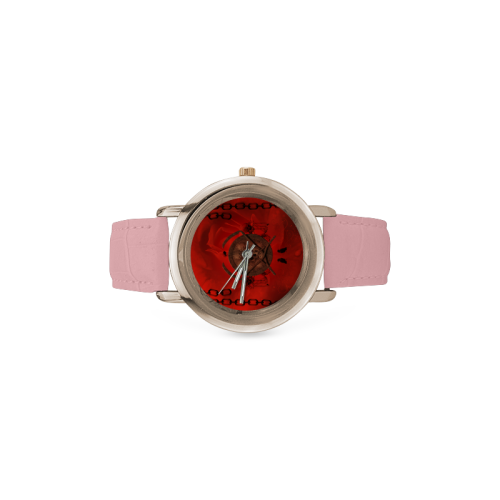 Skulls on red vintage background Women's Rose Gold Leather Strap Watch(Model 201)