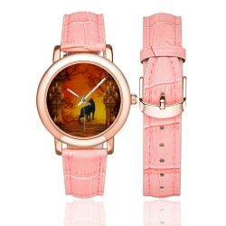 Wonderful black wolf in the night Women's Rose Gold Leather Strap Watch(Model 201)