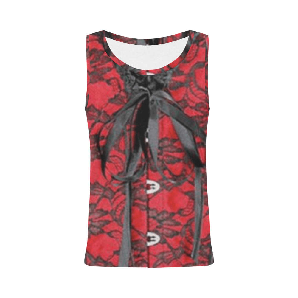 Black lace on Red Corset All Over Print Tank Top for Women (Model T43)