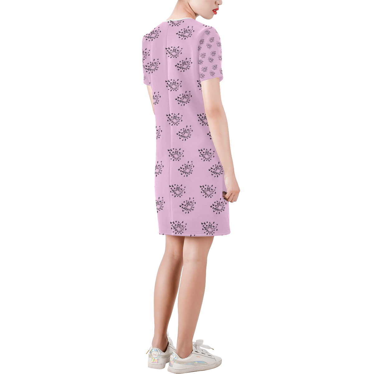 zodiac bat pink Short-Sleeve Round Neck A-Line Dress (Model D47)