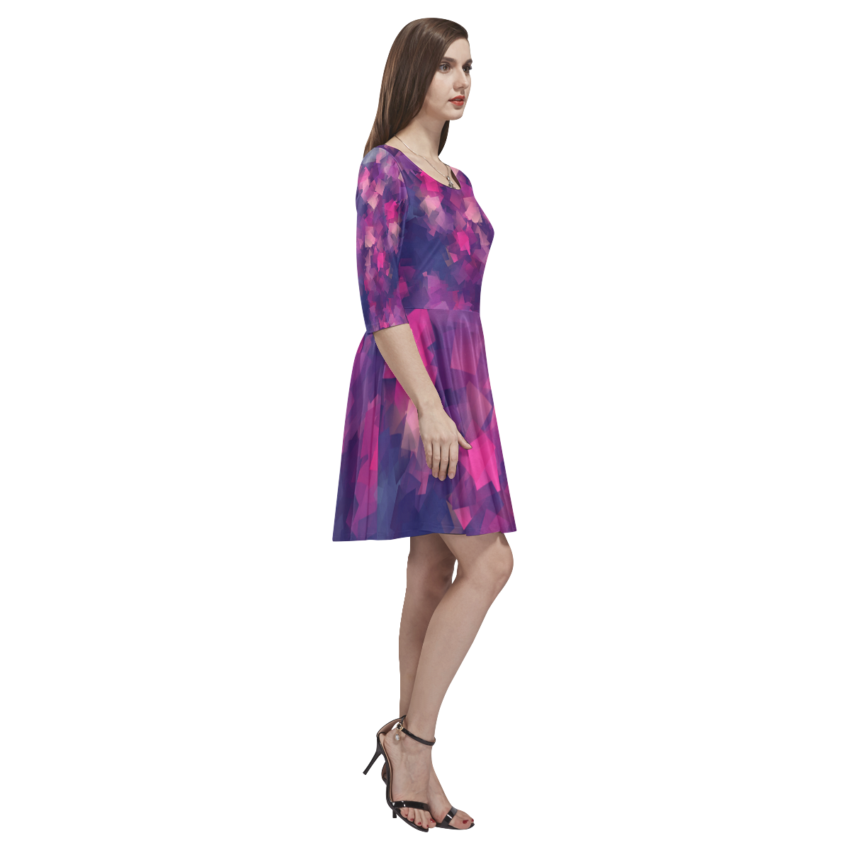 purple pink magenta cubism #modern Tethys Half-Sleeve Skater Dress(Model D20)
