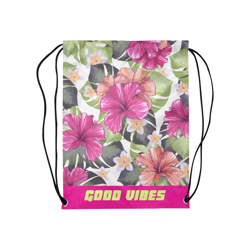 Hailey hibiscus and leaves pink green floral Good vibes Medium Drawstring Bag Model 1604 (Twin Sides) 13.8"(W) * 18.1"(H)