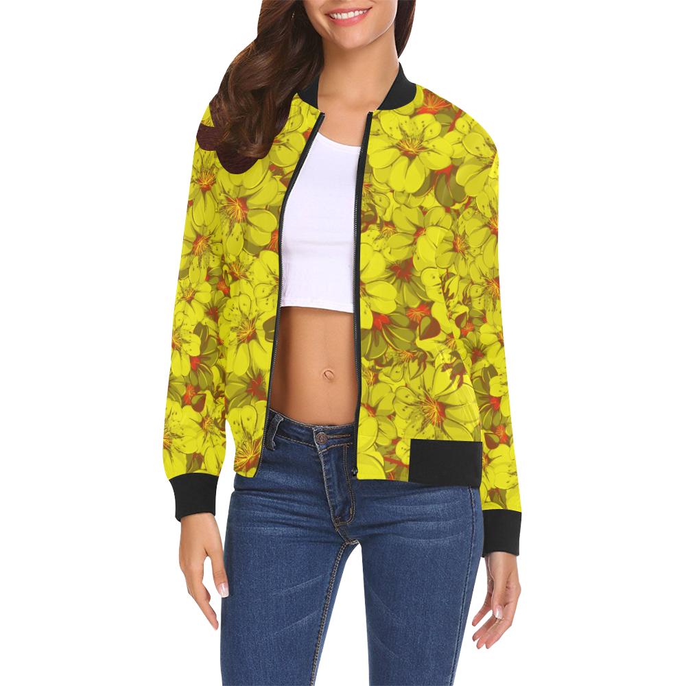 Yellow flower pattern All Over Print Bomber Jacket for Women (Model H19)