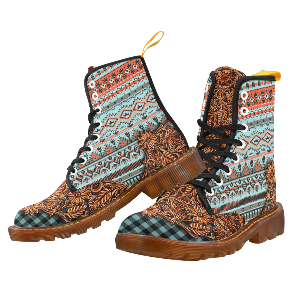 Bohemian Tribal And Plaid Teal Martin Boots For Women Model 1203H