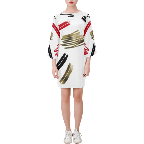 Red Black and Gold Effect Abstract Bell Sleeve Dress (Model D52)