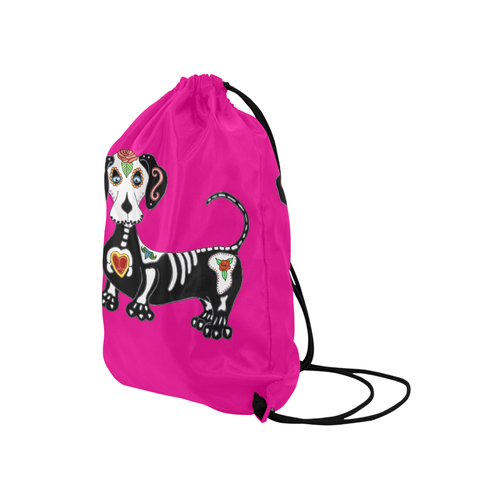Dachshund Sugar Skull Pink Medium Drawstring Bag Model 1604 (Twin Sides) 13.8"(W) * 18.1"(H)