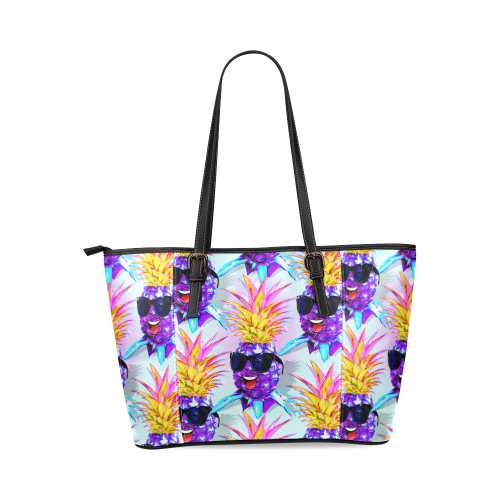 Pineapple Ultraviolet Happy Dude with Sunglasses Leather Tote Bag/Large (Model 1640)