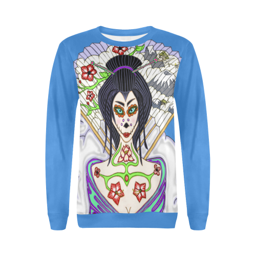 Geisha Sugar Skull Blue All Over Print Crewneck Sweatshirt for Women (Model H18)