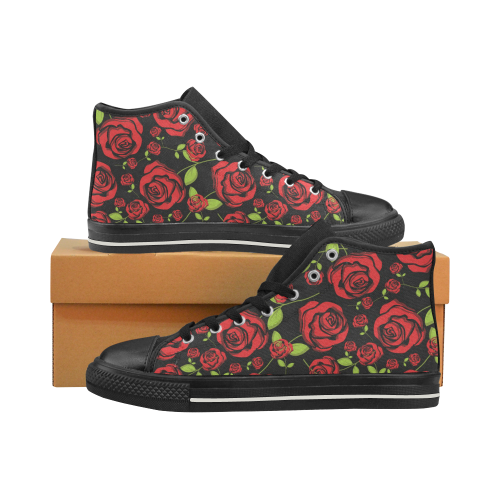 Red Roses on Black High Top Canvas Shoes for Kid (Model 017)