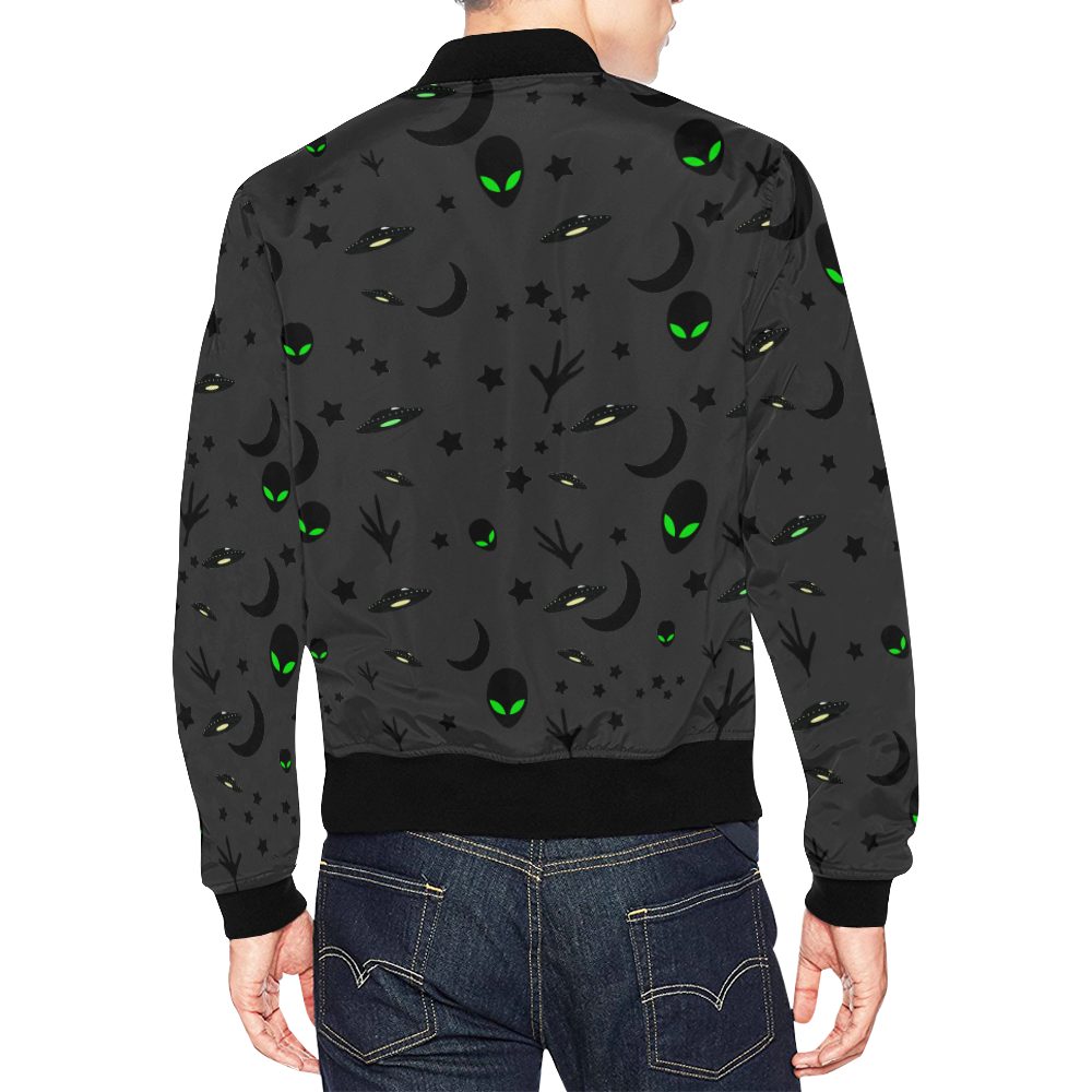 Alien Flying Saucers Stars Pattern on Charcoal All Over Print Bomber Jacket for Men/Large Size (Model H19)