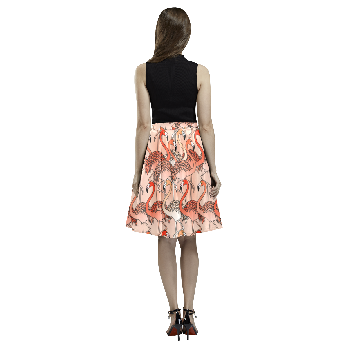 Living Coral Color Flamingos Melete Pleated Midi Skirt (Model D15)