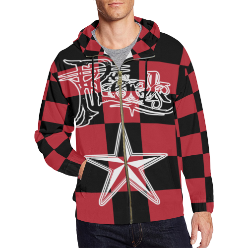 Red Checker Rock Star Hoodie All Over Print Full Zip Hoodie for Men (Model H14)