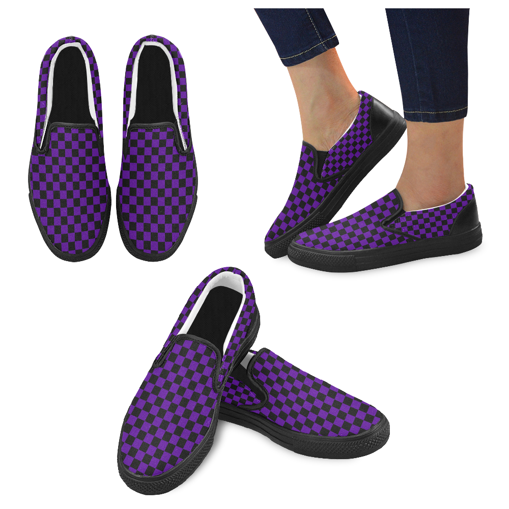 Checkerboard Black and Purple Women's Unusual Slip-on Canvas Shoes (Model 019)