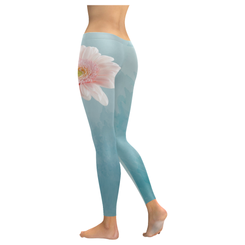 Gerbera Daisy - Pink Flower on Watercolor Blue Women's Low Rise Leggings (Invisible Stitch) (Model L05)