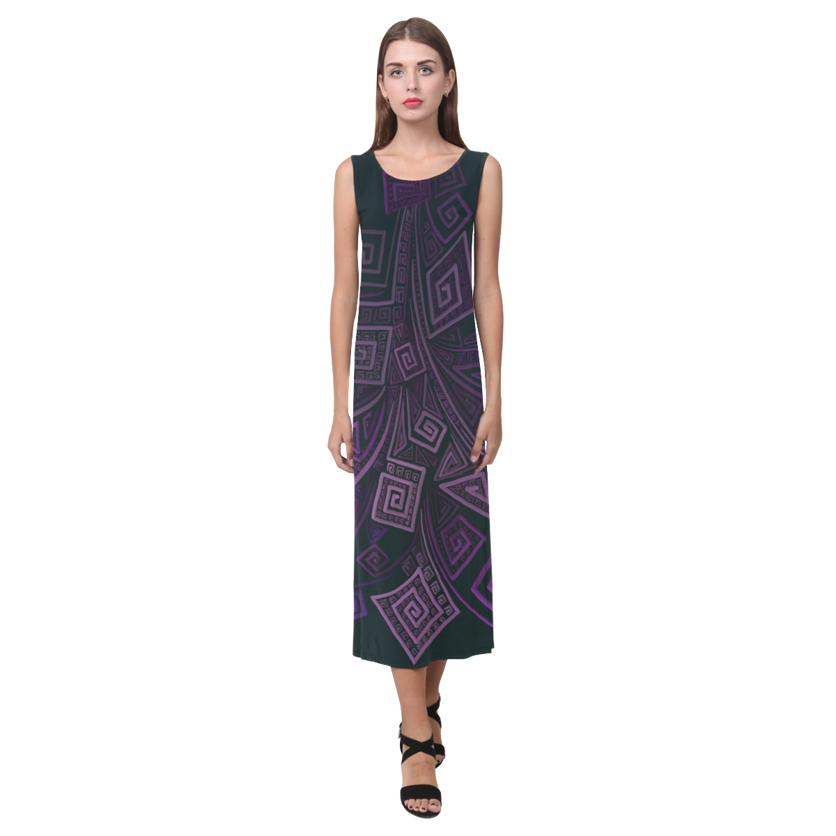 Psychedelic 3D Square Spirals - purple Phaedra Sleeveless Open Fork Long Dress (Model D08)