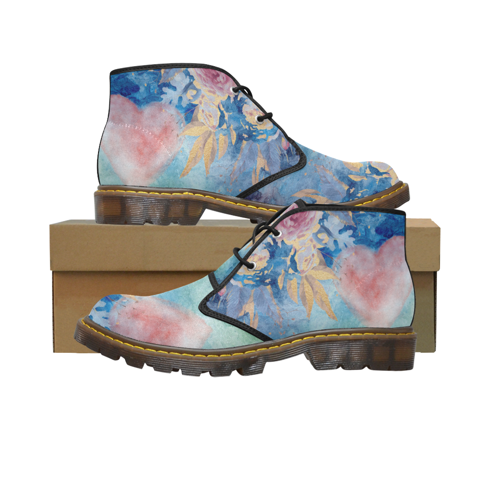 Heart and Flowers - Pink and Blue Men's Canvas Chukka Boots (Model 2402-1)