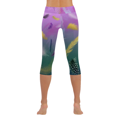 Dancing Feathers - Pink and Green Women's Low Rise Capri Leggings (Invisible Stitch) (Model L08)