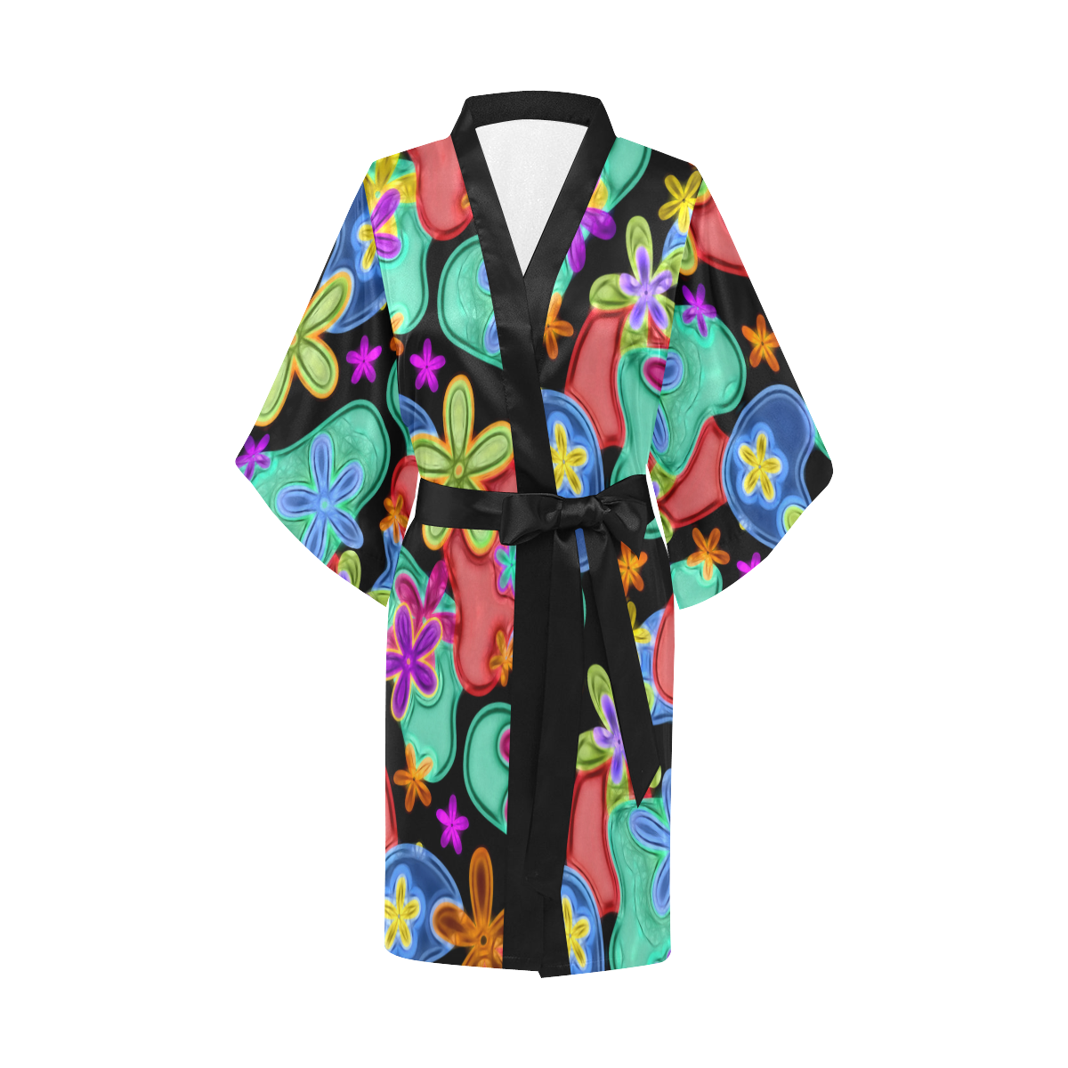 Colorful Retro Flowers Fractalius Pattern Kimono Robe