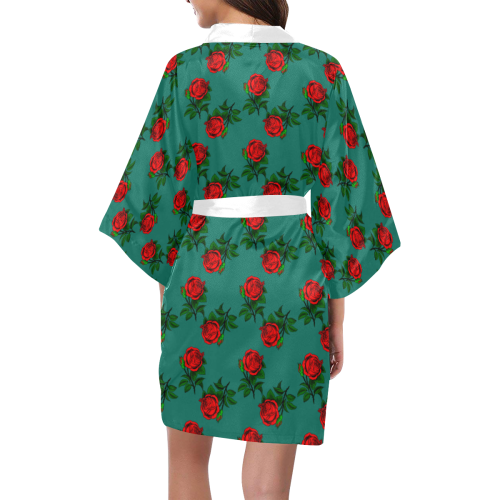 red roses teal green Kimono Robe