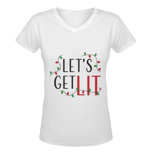 Lets Get Lit CHRISTMAS WHITE Women's Deep V-neck T-shirt (Model T19)