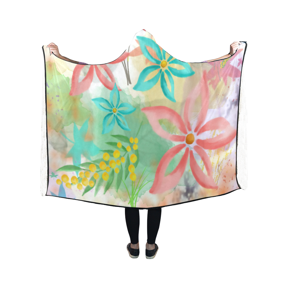 Flower Pattern - coral pink, teal green, yellow Hooded Blanket 50''x40''