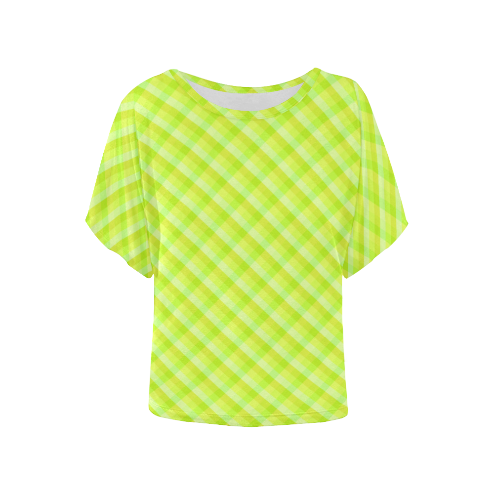 Yellow and green plaid pattern Women's Batwing-Sleeved Blouse T shirt (Model T44)