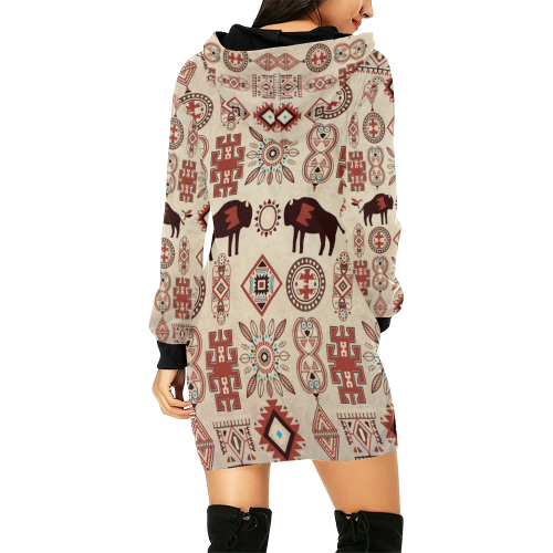 American Native Buffalo All Over Print Hoodie Mini Dress (Model H27)