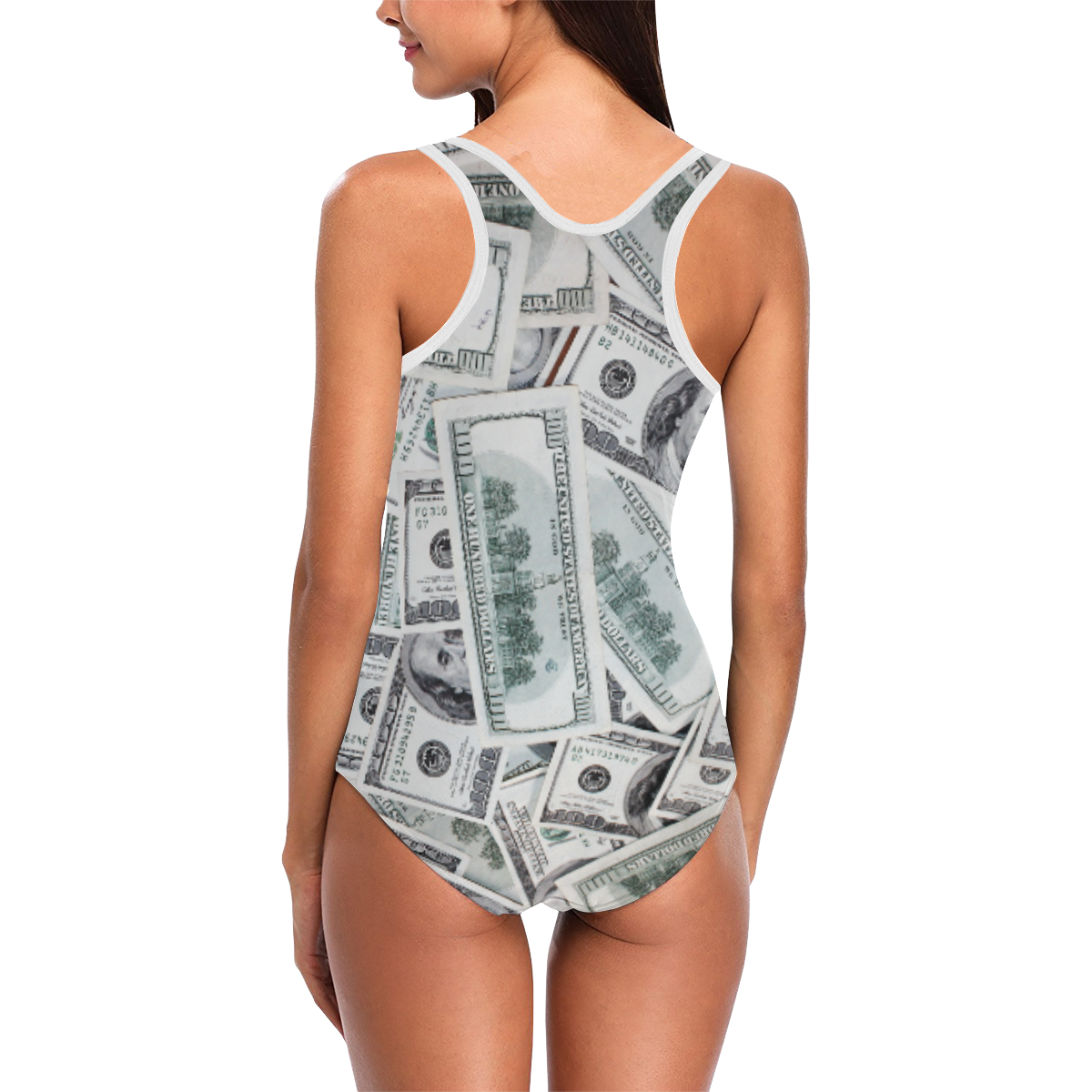 Cash Money / Hundred Dollar Bills  White Strap Vest One Piece Swimsuit (Model S04)