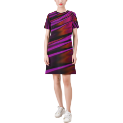 Sunset Waterfall Reflections Abstract Fractal Short-Sleeve Round Neck A-Line Dress (Model D47)