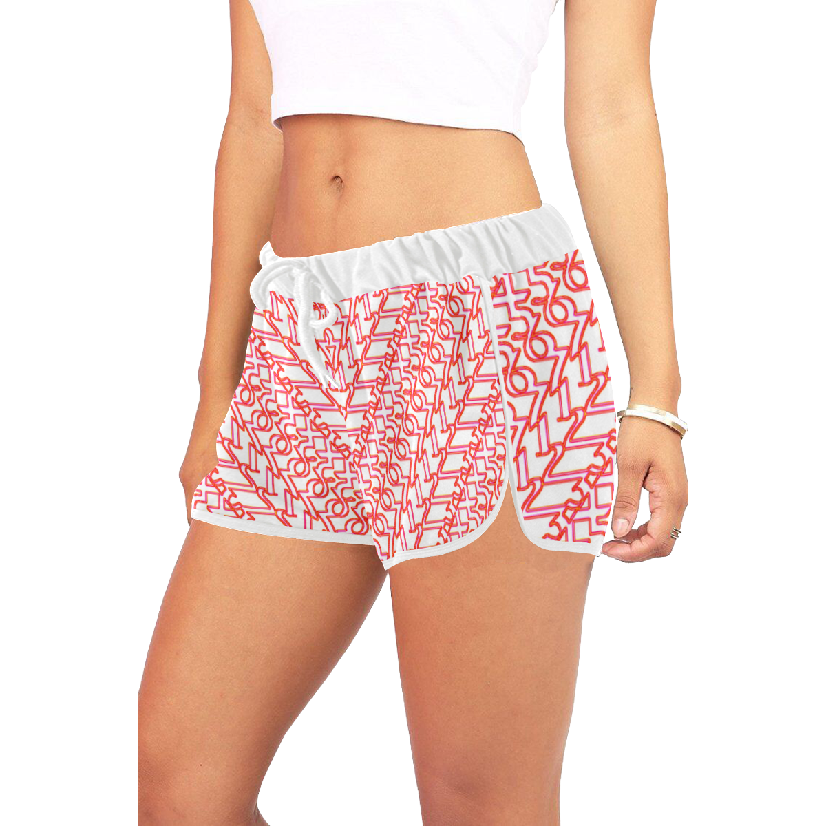 NUMBERS Collection 1234567 White/RednPink Women's All Over Print Relaxed Shorts (Model L19)