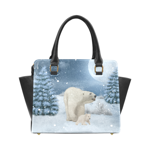 Polar bear mum with polar bear cub Rivet Shoulder Handbag (Model 1645)