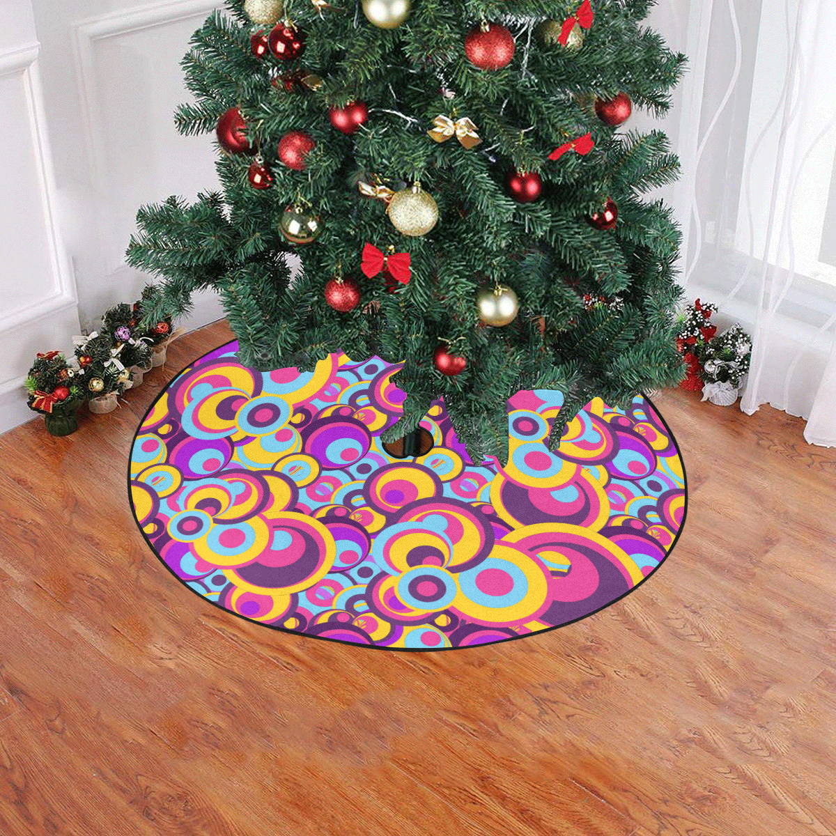 Retro Circles Groovy Violet, Yellow, Blue Colors Christmas Tree Skirt 47" x 47"