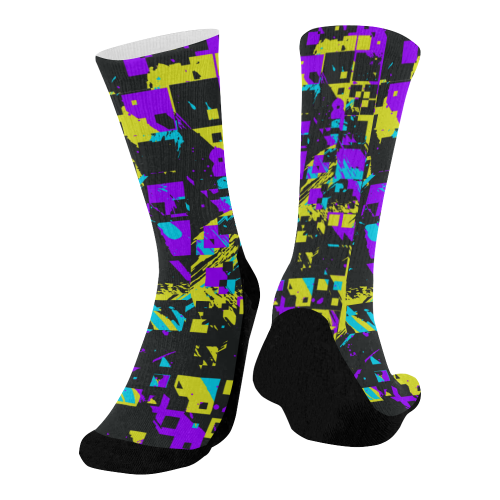 Purple yelllow squares Mid-Calf Socks (Black Sole)
