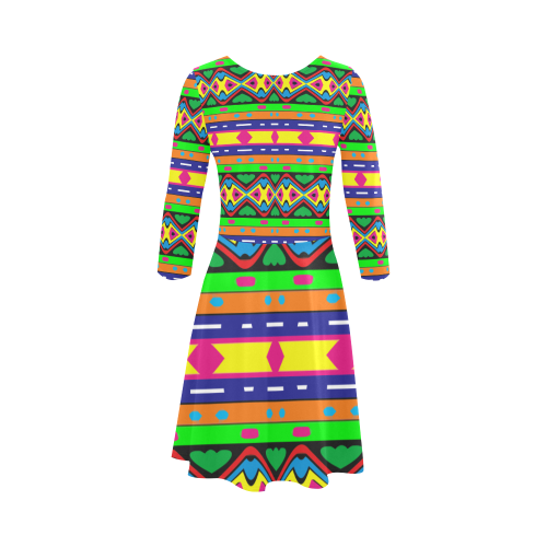 Distorted colorful shapes and stripes 3/4 Sleeve Sundress (D23)