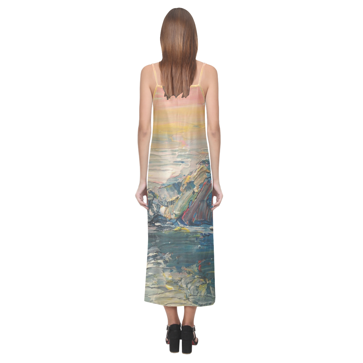Mountains painting V-Neck Open Fork Long Dress(Model D18)