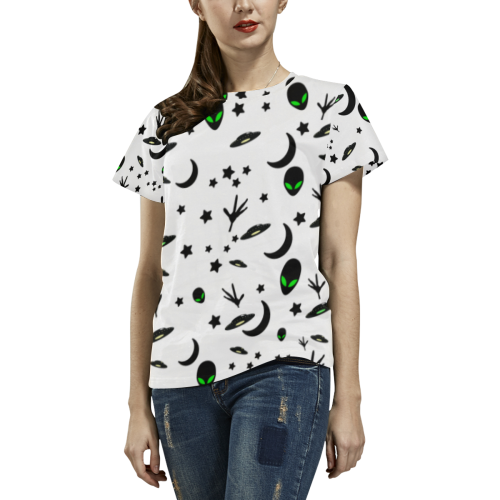Alien Flying Saucers Stars Pattern on White All Over Print T-Shirt for Women (USA Size) (Model T40)