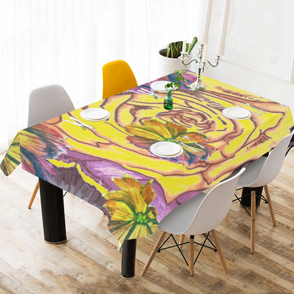 Watercolor Flowers Yellow Purple Green Cotton Linen Tablecloth 60"x 104"
