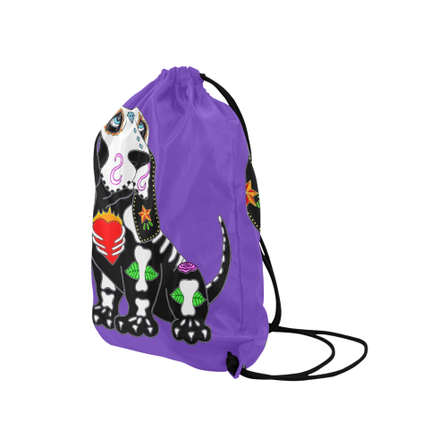 Basset Hound Sugar Skull Purple Medium Drawstring Bag Model 1604 (Twin Sides) 13.8"(W) * 18.1"(H)