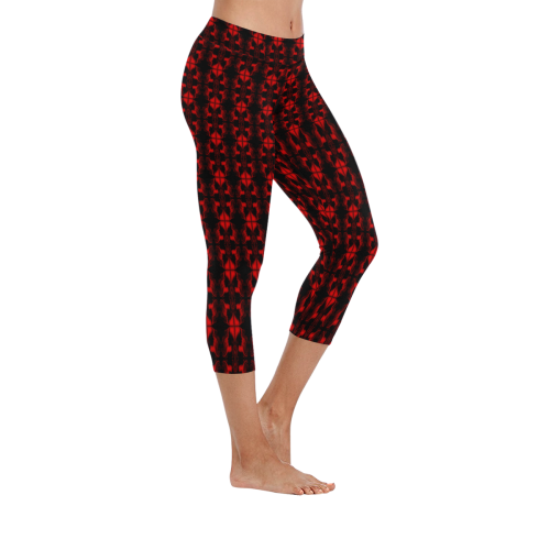 Abstract Flowing * Red on Black Women's Low Rise Capri Leggings (Invisible Stitch) (Model L08)