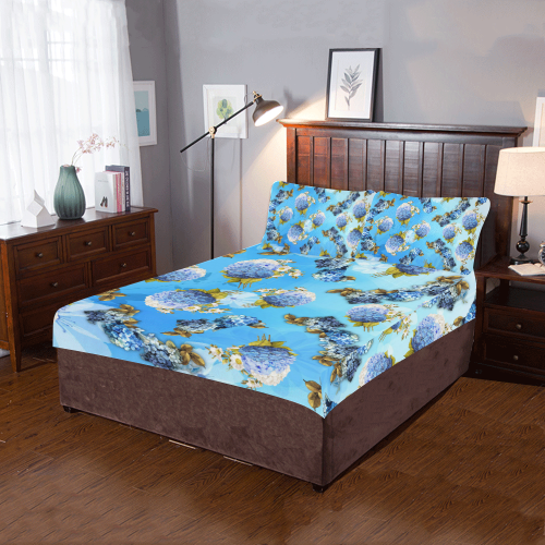 blue shades watercolor Hydrangeas on BLUE 3-Piece Bedding Set