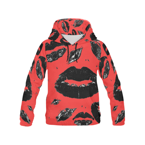 Kisses All Over (Black & Red) All Over Print Hoodie for Women (USA Size) (Model H13)