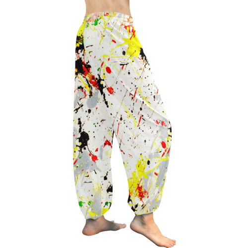 Yellow & Black Paint Splatter Women's All Over Print Harem Pants (Model L18)