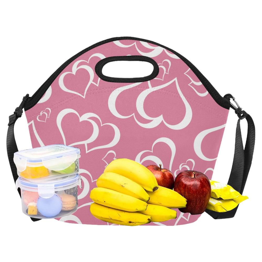 White and Rose Pink Hearts Button Neoprene Lunch Bag/Large (Model 1669)