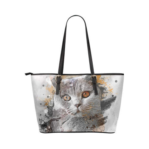 cat kitty art #cat #kitty Leather Tote Bag/Small (Model 1651)