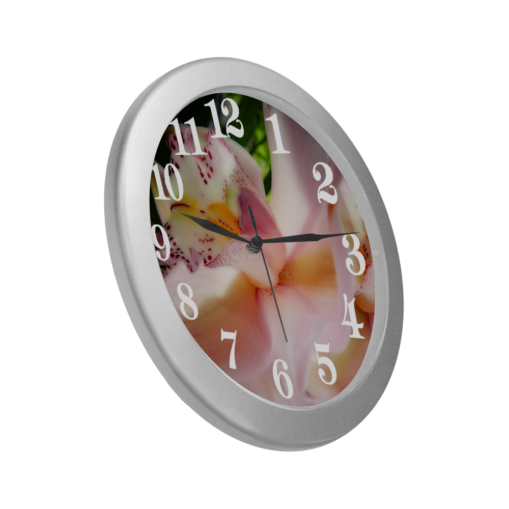 Pink orchid Silver Color Wall Clock